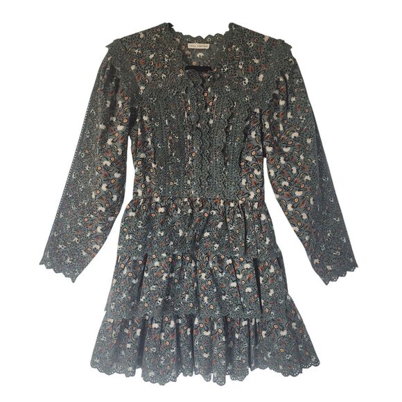 Ulla Johnson Tiered Dress Women Sz 0 Sage Green Floral Embroidered Cotton
